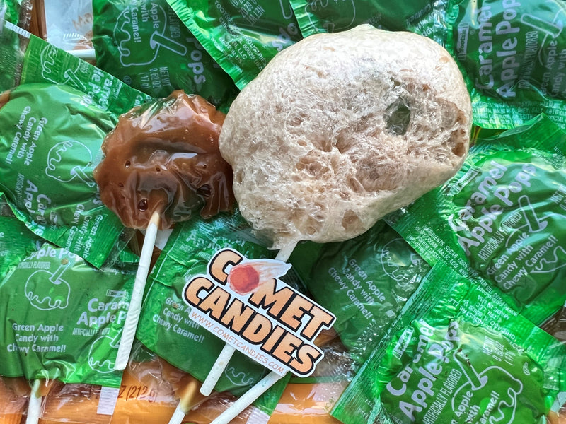Freeze-dried caramel apple suckers arranged as a Halloween treat with autumn styling